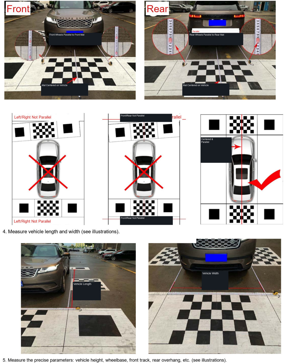 Correct and incorrect calibration mat placement with vehicle measurements