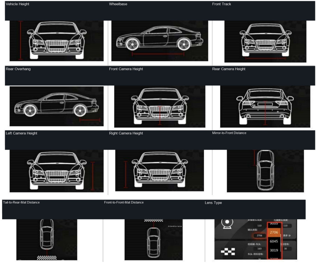 Vehicle dimensions, camera heights, mat distances, and lens type required for calibration