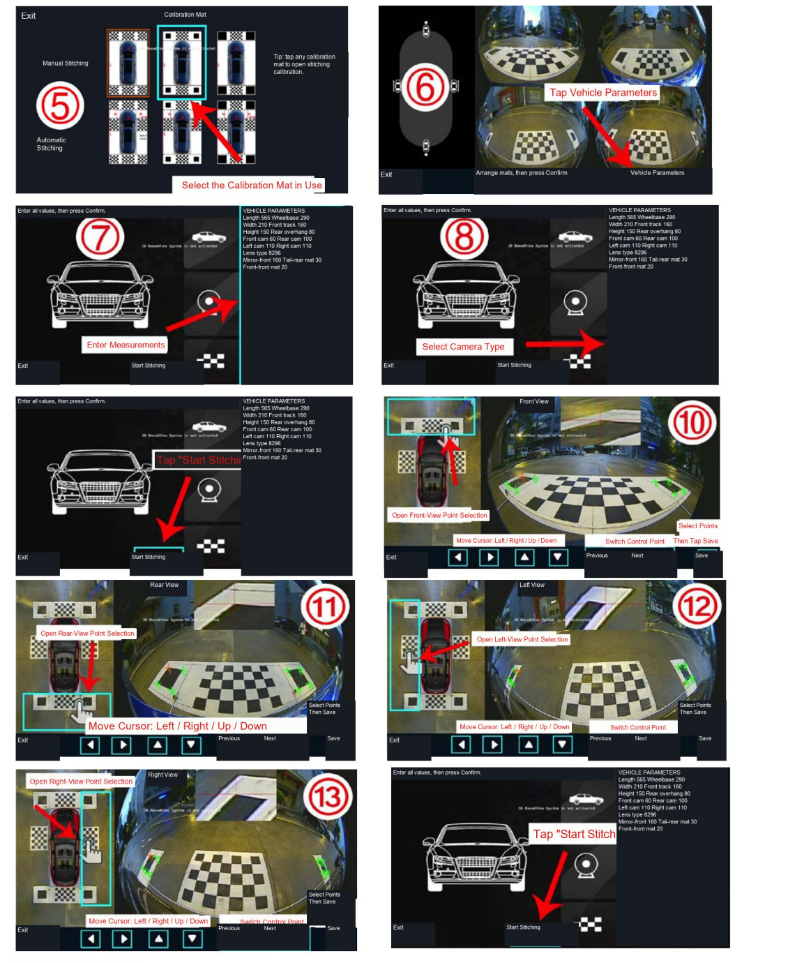 Manual calibration workflow and front, rear, left, and right control-point selection
