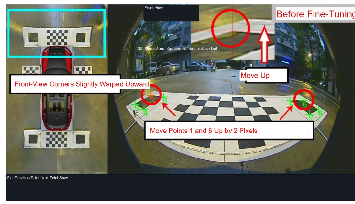 Front-view calibration mat corners curved upward before fine-tuning